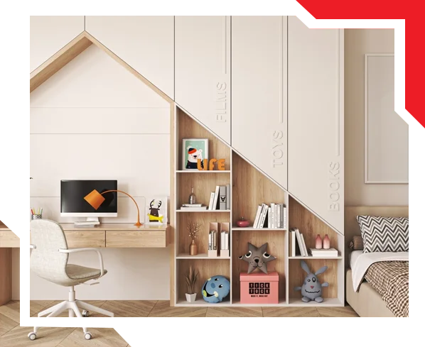 Study area with built-in plywood storage
