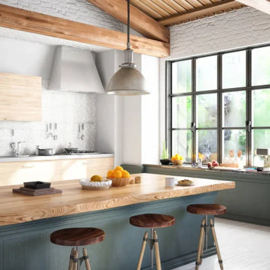 Kitchen interior with decorative wood veneer finishes